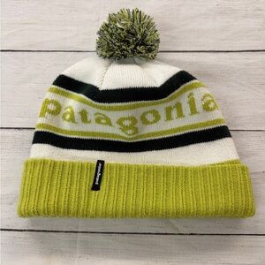 Patagonia Lime and Black Striped Beanie with Pom Pom. One Size